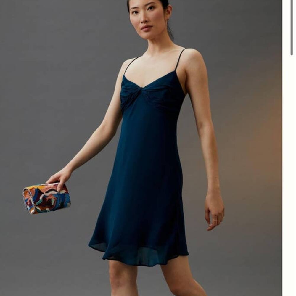 Anthropologie Twist Front Spaghetti Strap Slip Mini Dress Blue Size 6